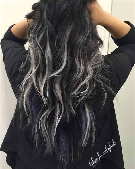 black hair silver balayage|black hair with silver extensions.